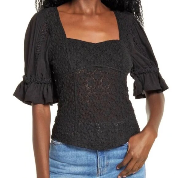 free people spring fling black blouse peasant puff sleeve sweetheart neck lace - Picture 4 of 4